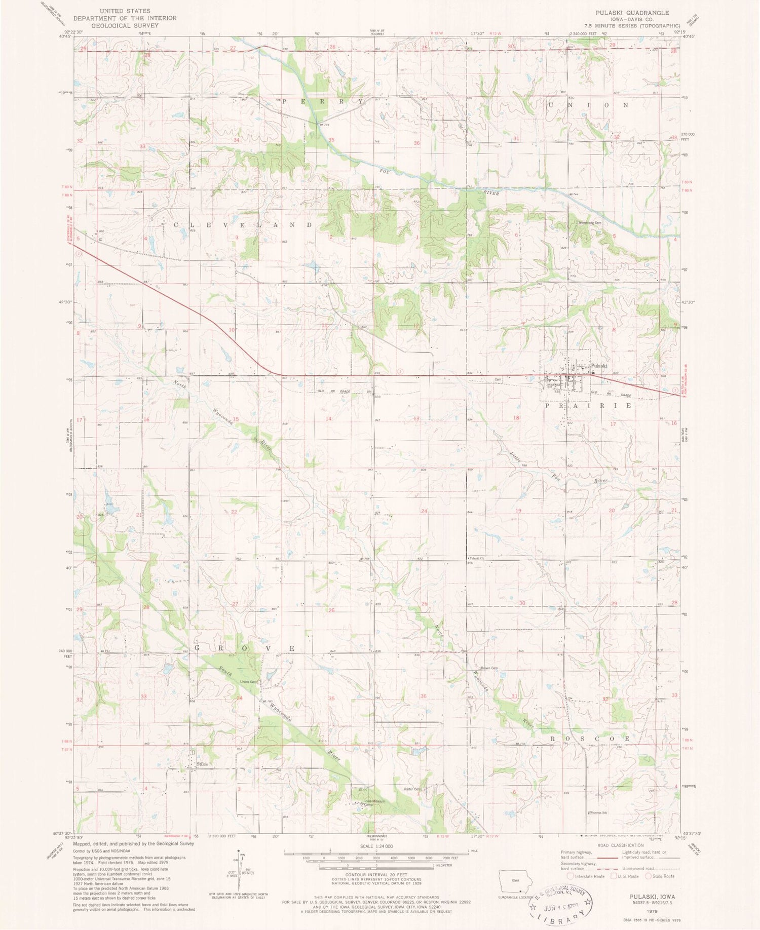 Classic USGS Pulaski Iowa 7.5'x7.5' Topo Map Image