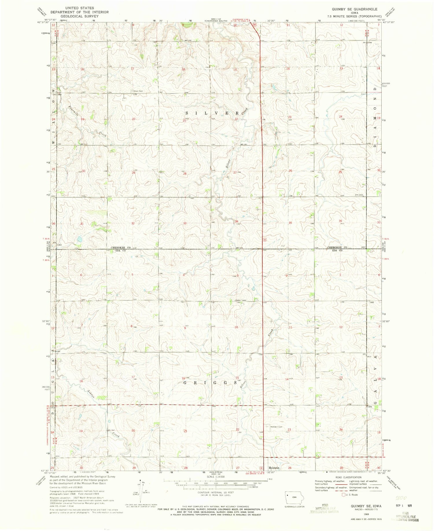 Classic USGS Quimby SE Iowa 7.5'x7.5' Topo Map Image