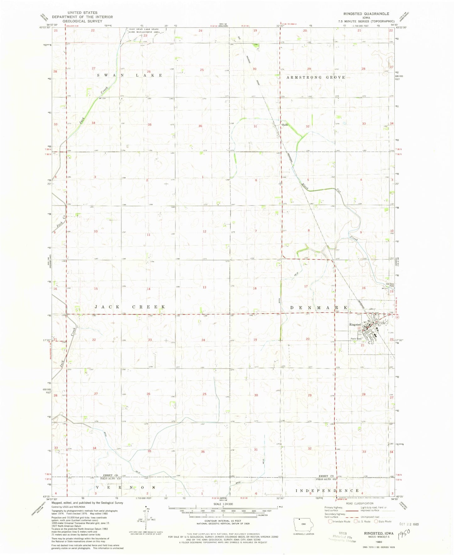 Classic USGS Ringsted Iowa 7.5'x7.5' Topo Map Image