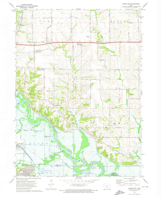 Classic USGS Rising Sun Iowa 7.5'x7.5' Topo Map Image