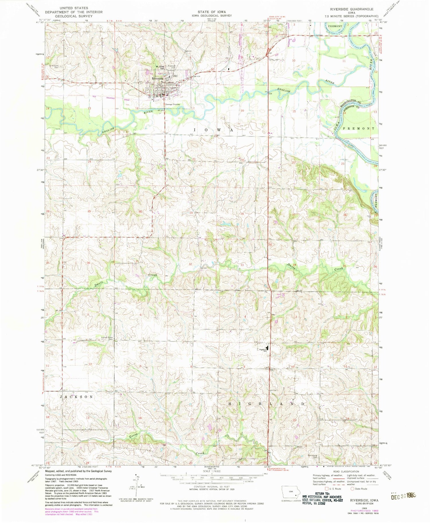 Classic USGS Riverside Iowa 7.5'x7.5' Topo Map Image
