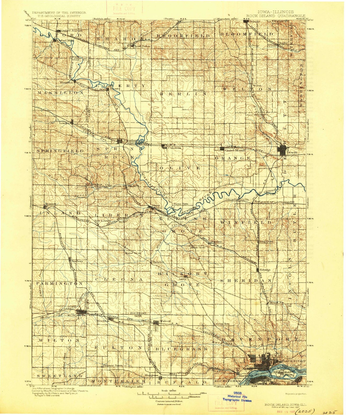 Historic 1901 Rock Island Iowa 30'x30' Topo Map Image