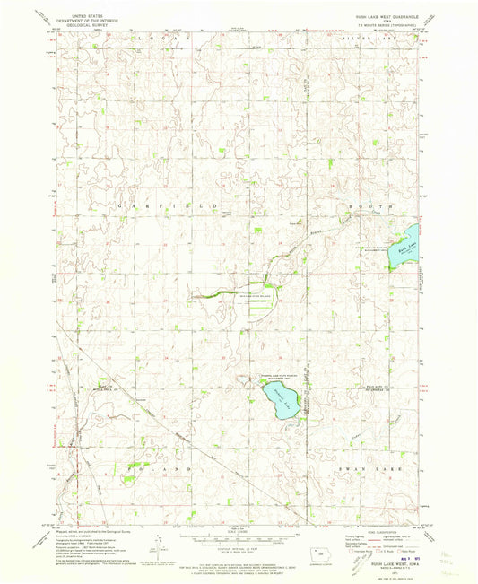 Classic USGS Rush Lake West Iowa 7.5'x7.5' Topo Map Image