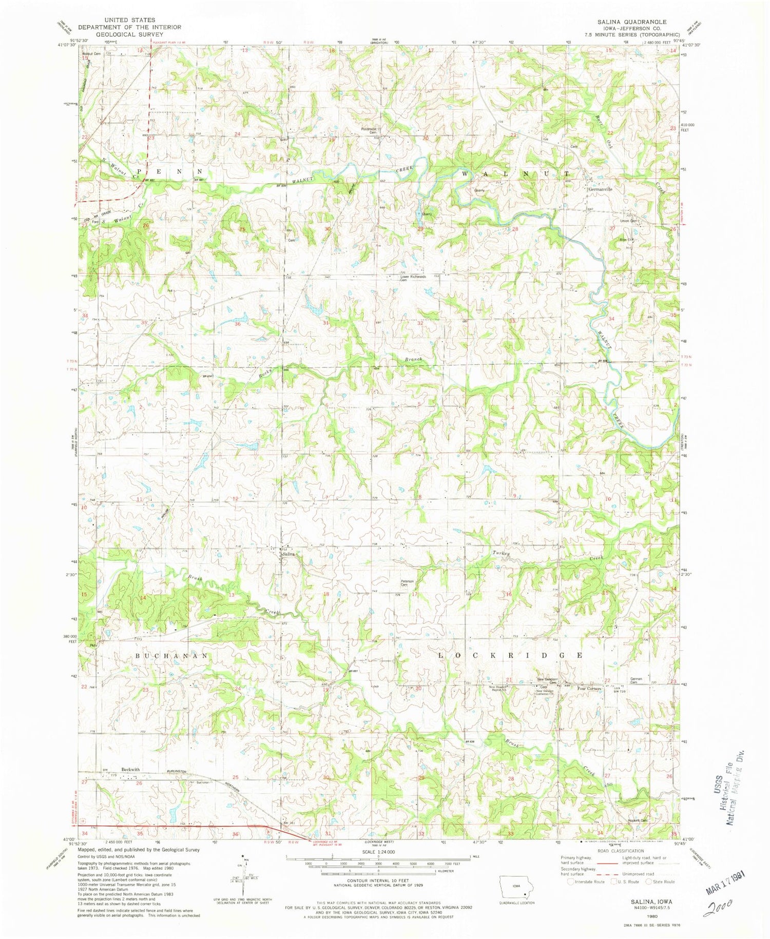 Classic USGS Salina Iowa 7.5'x7.5' Topo Map Image