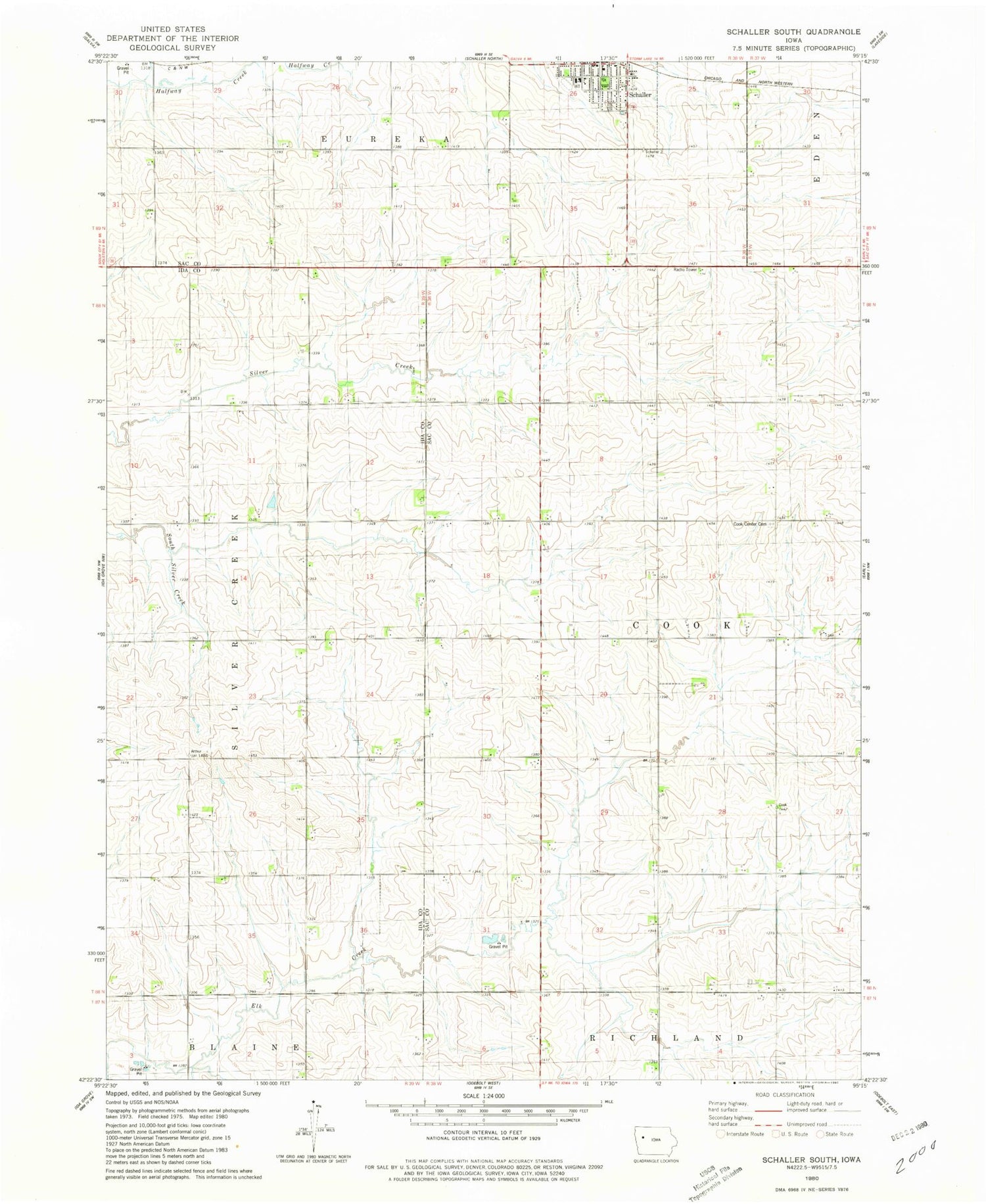 Classic USGS Schaller South Iowa 7.5'x7.5' Topo Map Image
