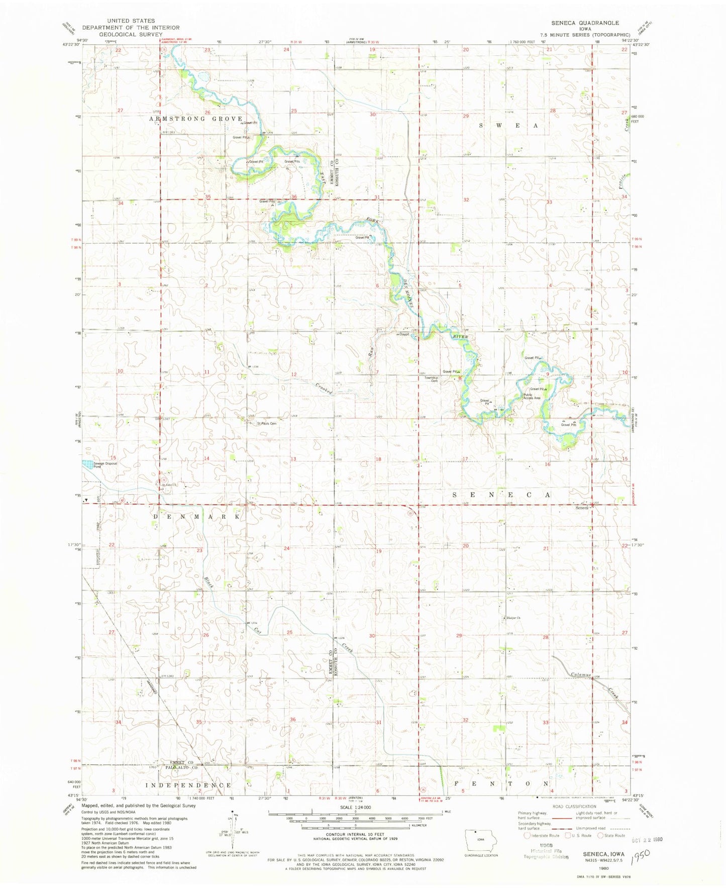 Classic USGS Seneca Iowa 7.5'x7.5' Topo Map Image