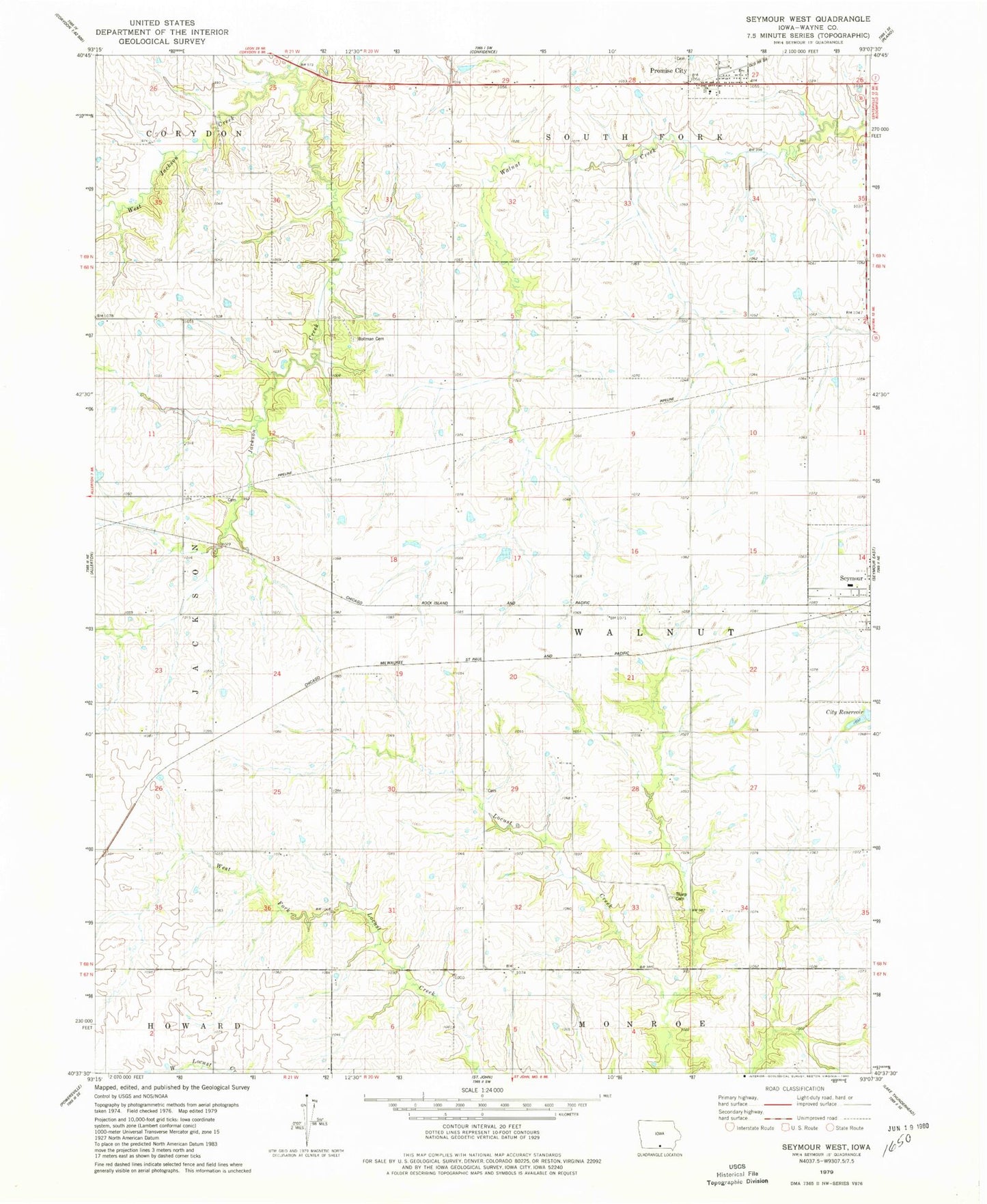 Classic USGS Seymour West Iowa 7.5'x7.5' Topo Map Image
