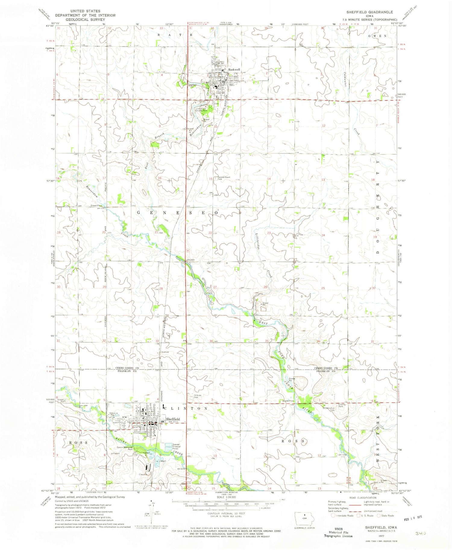 Classic USGS Sheffield Iowa 7.5'x7.5' Topo Map Image