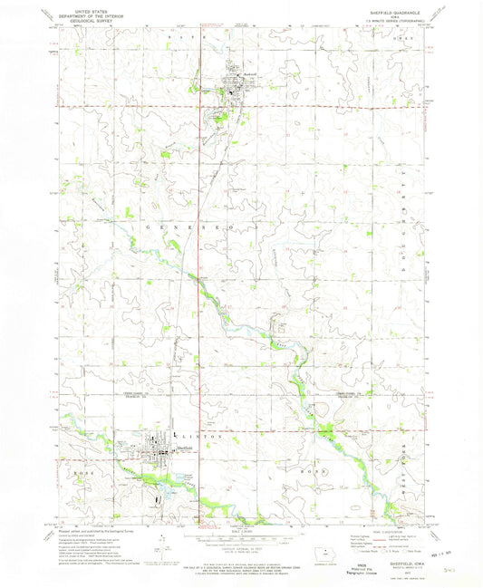 Classic USGS Sheffield Iowa 7.5'x7.5' Topo Map Image