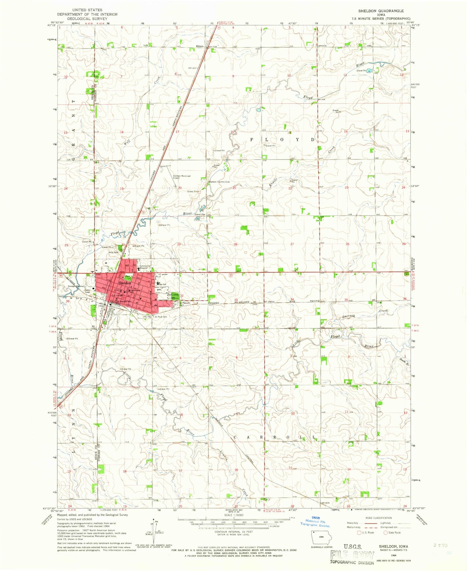 Classic USGS Sheldon Iowa 7.5'x7.5' Topo Map Image