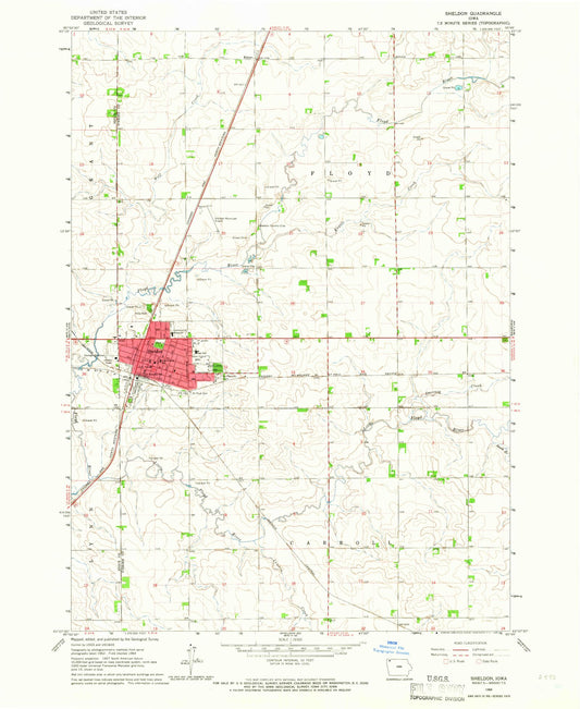 Classic USGS Sheldon Iowa 7.5'x7.5' Topo Map Image