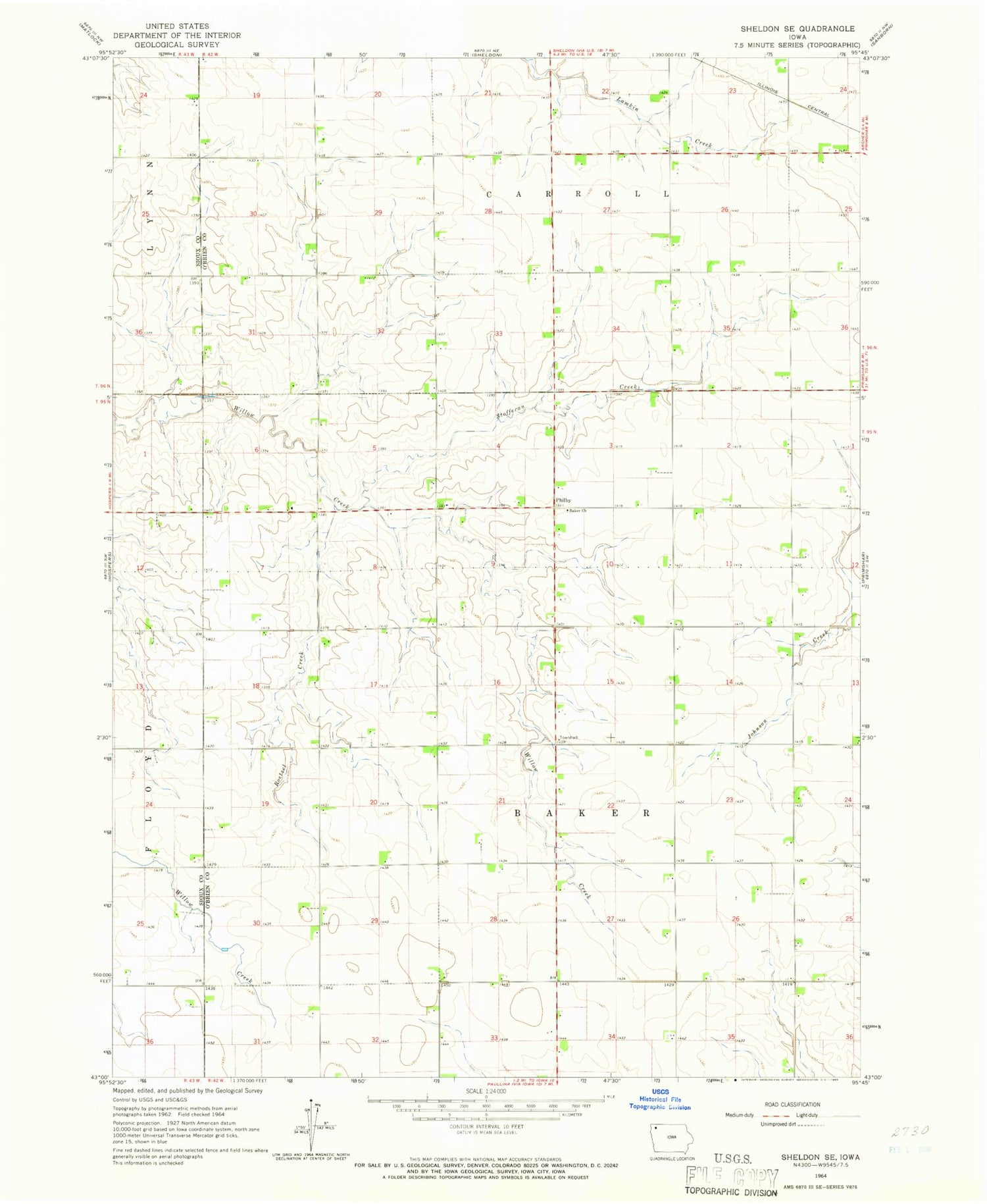 Classic USGS Sheldon SE Iowa 7.5'x7.5' Topo Map Image