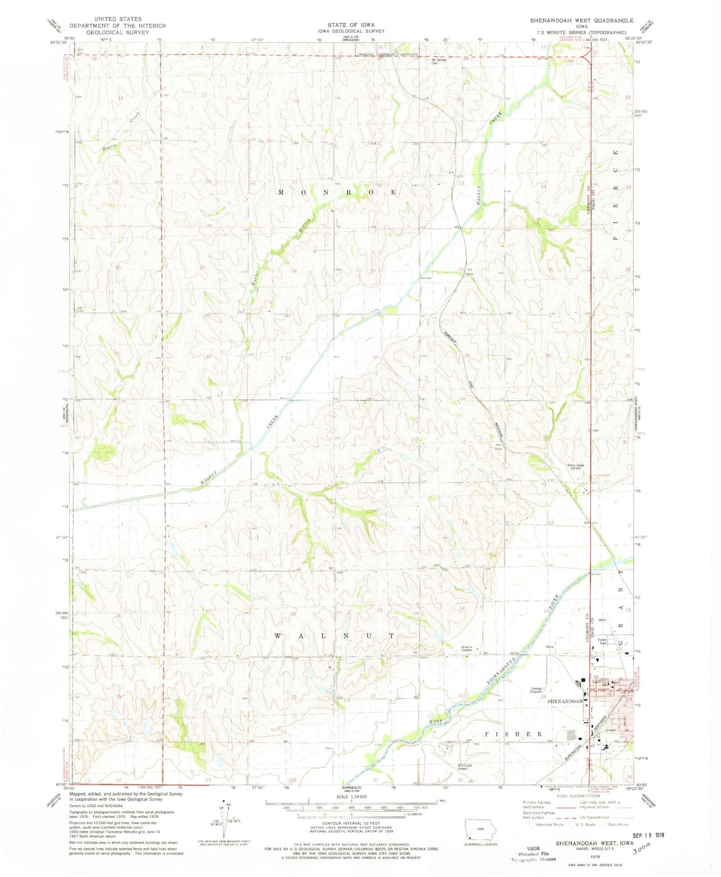 Classic USGS Shenandoah West Iowa 7.5'x7.5' Topo Map Image