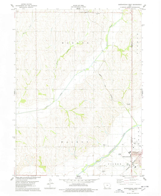 Classic USGS Shenandoah West Iowa 7.5'x7.5' Topo Map Image