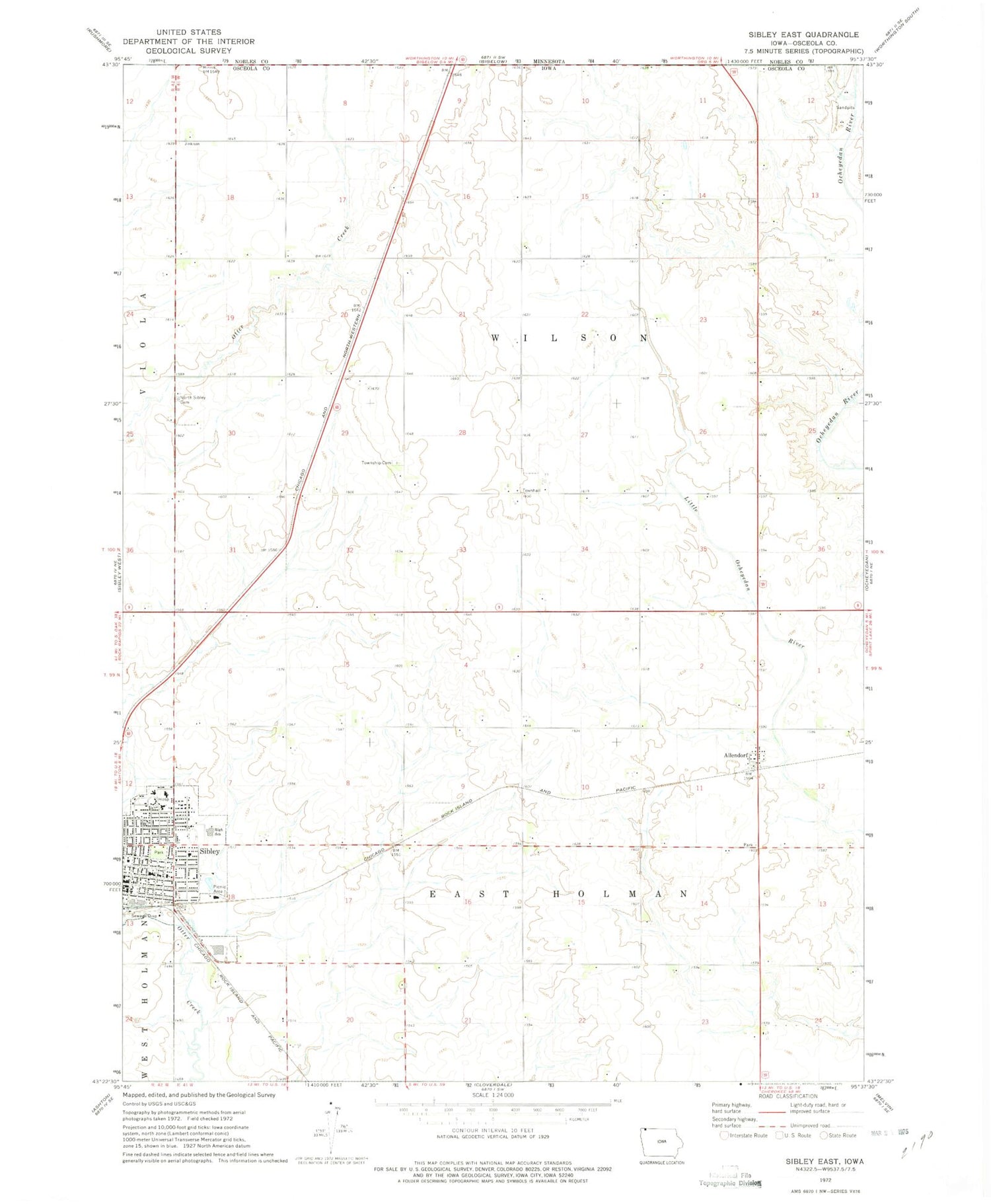 Classic USGS Sibley East Iowa 7.5'x7.5' Topo Map Image