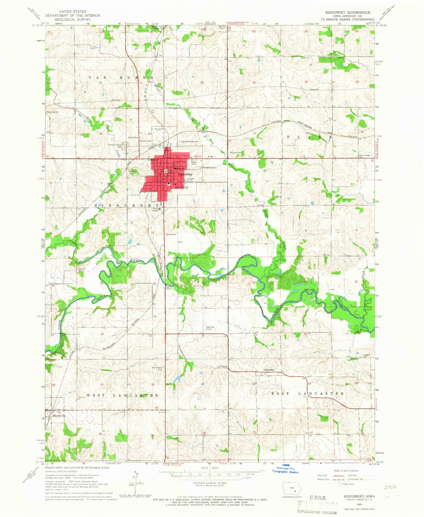 Classic USGS Sigourney Iowa 7.5'x7.5' Topo Map Image
