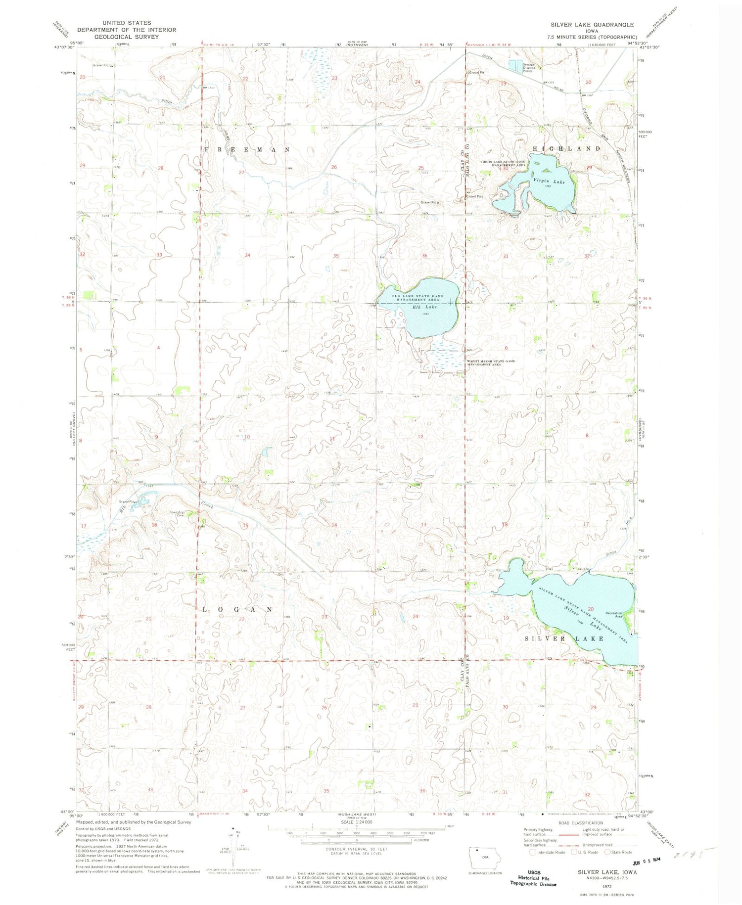 Classic USGS Silver Lake Iowa 7.5'x7.5' Topo Map Image