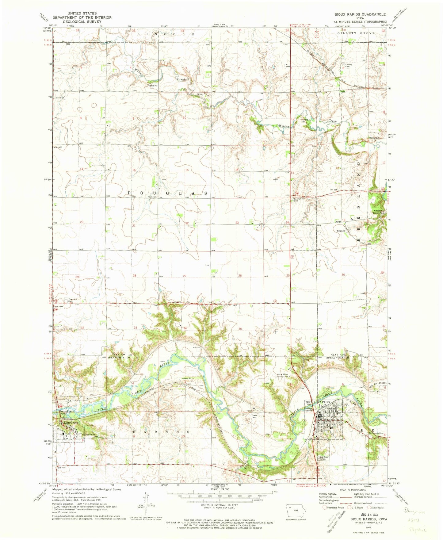 Classic USGS Sioux Rapids Iowa 7.5'x7.5' Topo Map Image