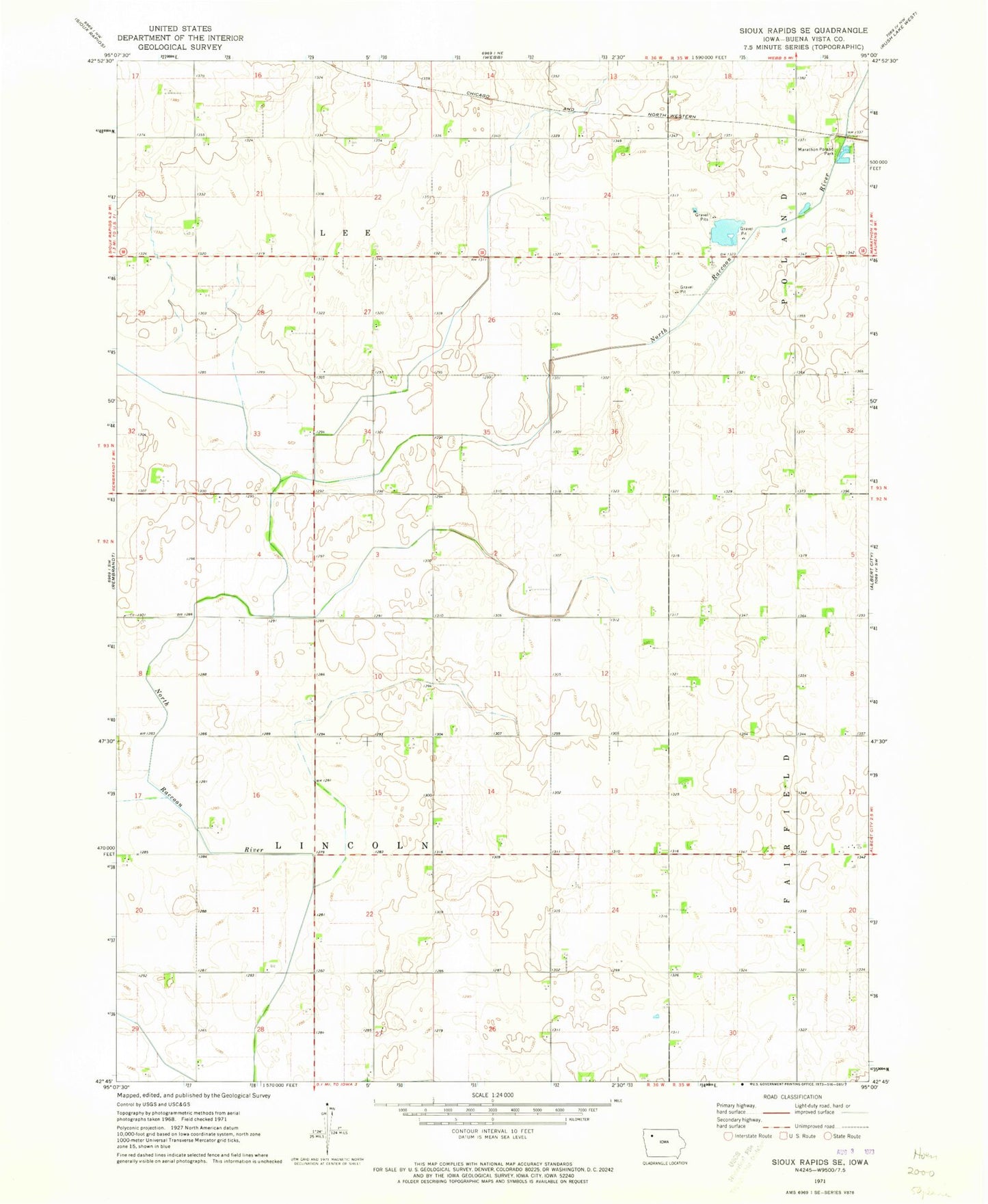 Classic USGS Sioux Rapids SE Iowa 7.5'x7.5' Topo Map Image