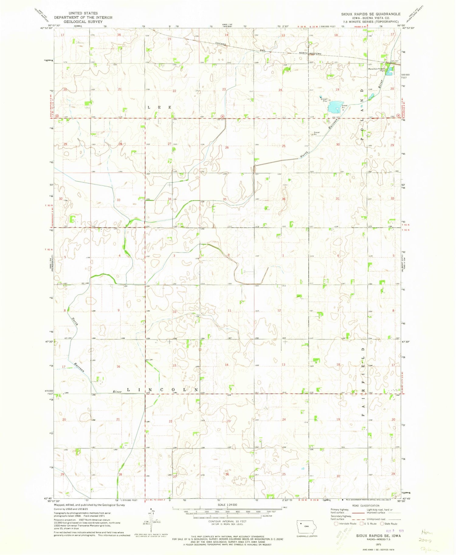 Classic USGS Sioux Rapids SE Iowa 7.5'x7.5' Topo Map Image