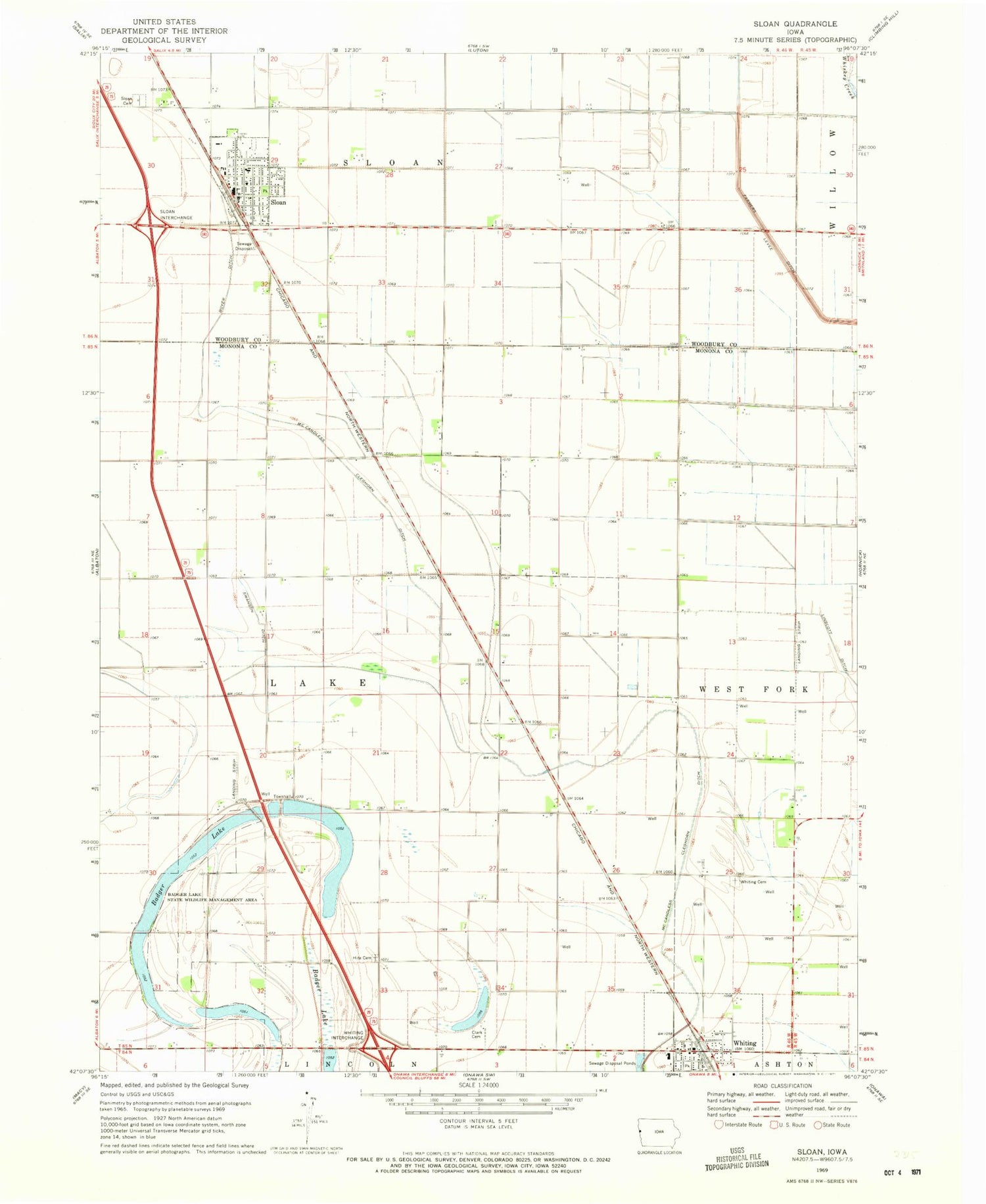 Classic USGS Sloan Iowa 7.5'x7.5' Topo Map Image