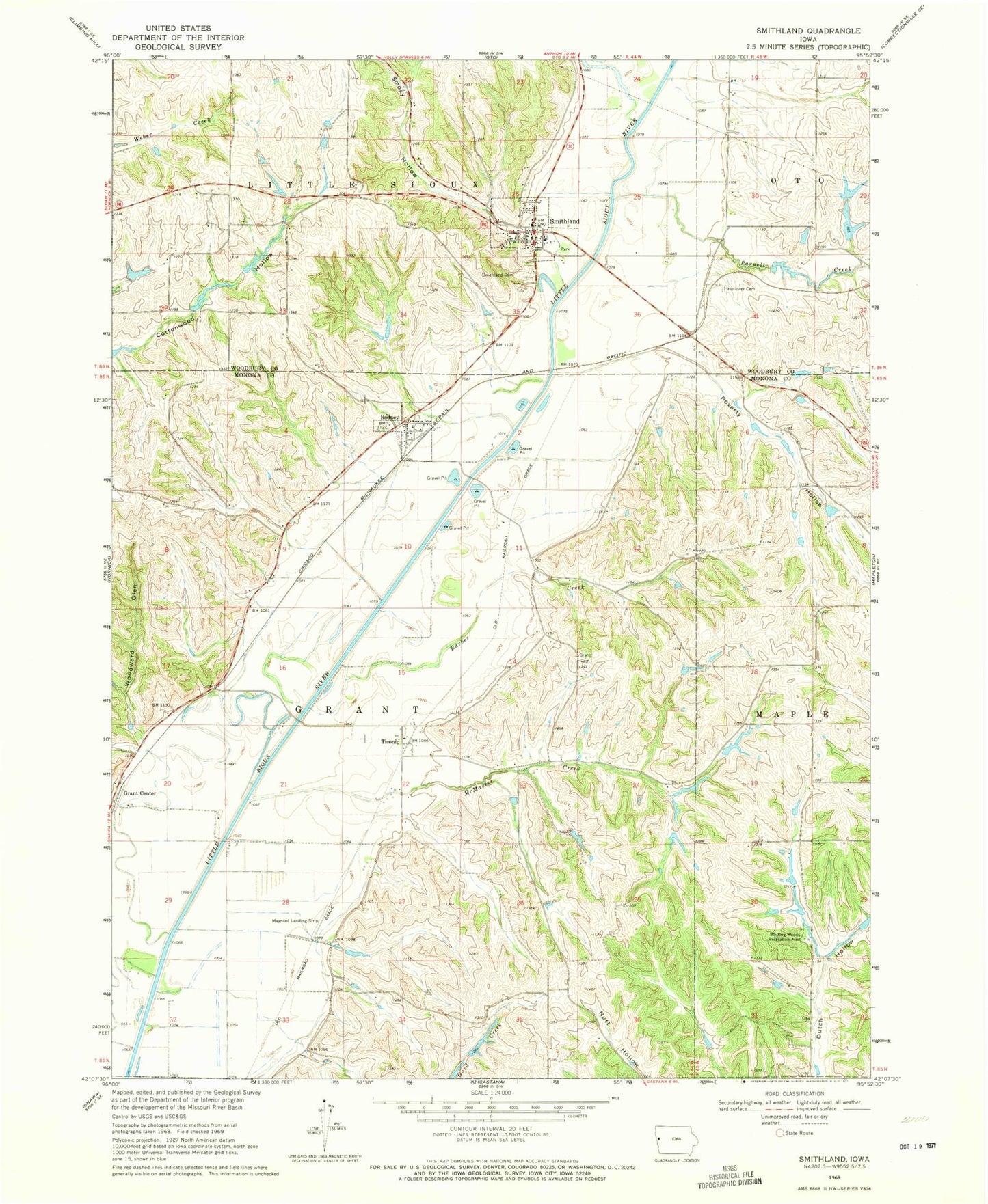 Classic USGS Smithland Iowa 7.5'x7.5' Topo Map Image
