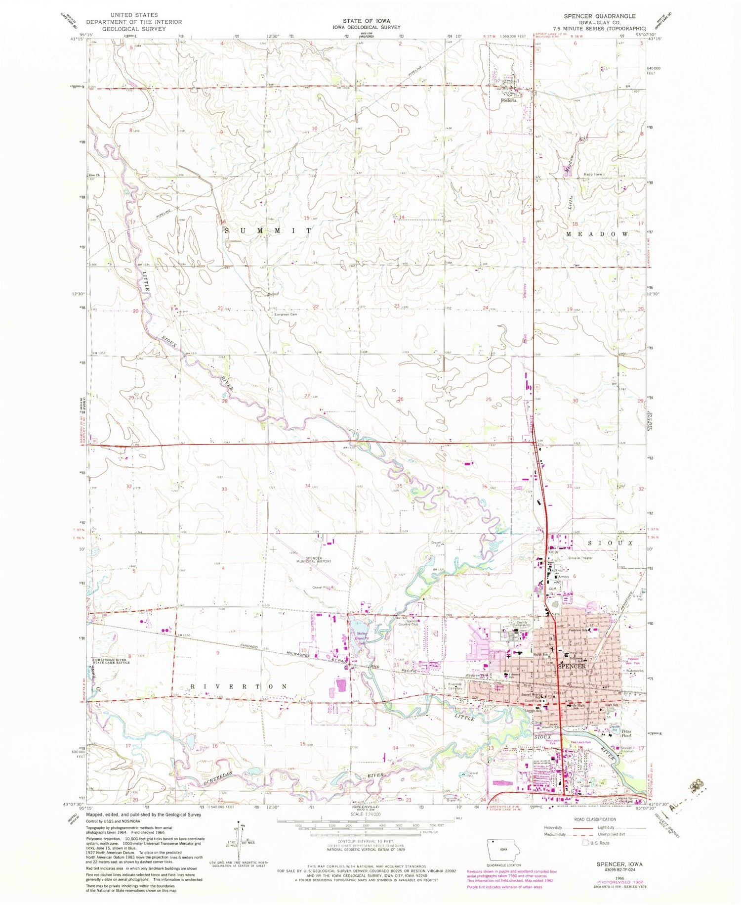 Classic USGS Spencer Iowa 7.5'x7.5' Topo Map Image
