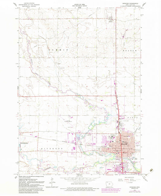 Classic USGS Spencer Iowa 7.5'x7.5' Topo Map Image
