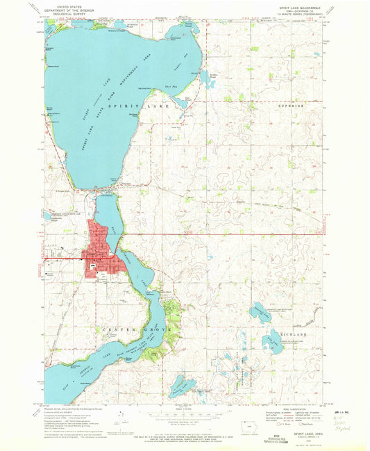 Classic USGS Spirit Lake Iowa 7.5'x7.5' Topo Map Image