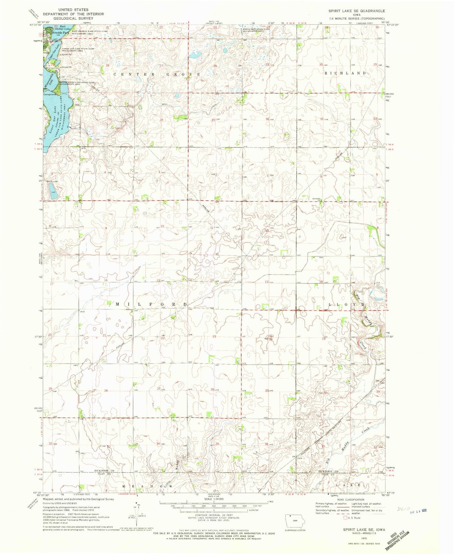 Classic USGS Spirit Lake SE Iowa 7.5'x7.5' Topo Map Image