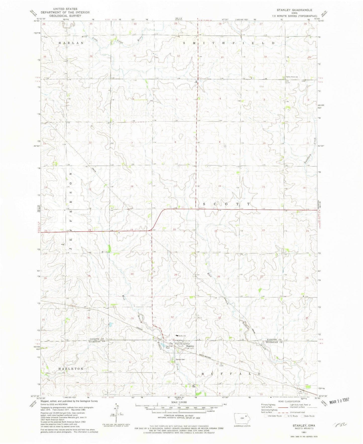 Classic USGS Stanley Iowa 7.5'x7.5' Topo Map Image