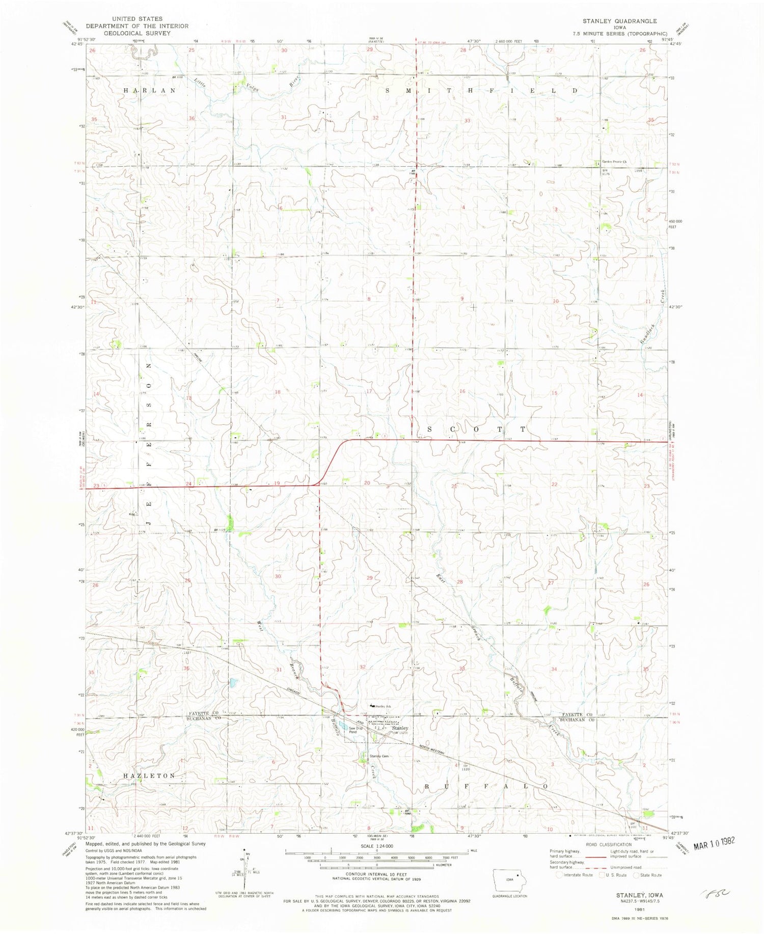 Classic USGS Stanley Iowa 7.5'x7.5' Topo Map Image