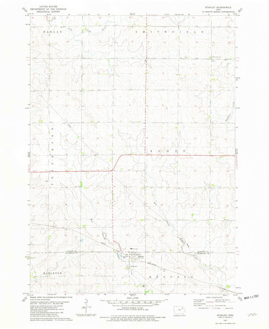Classic USGS Stanley Iowa 7.5'x7.5' Topo Map Image