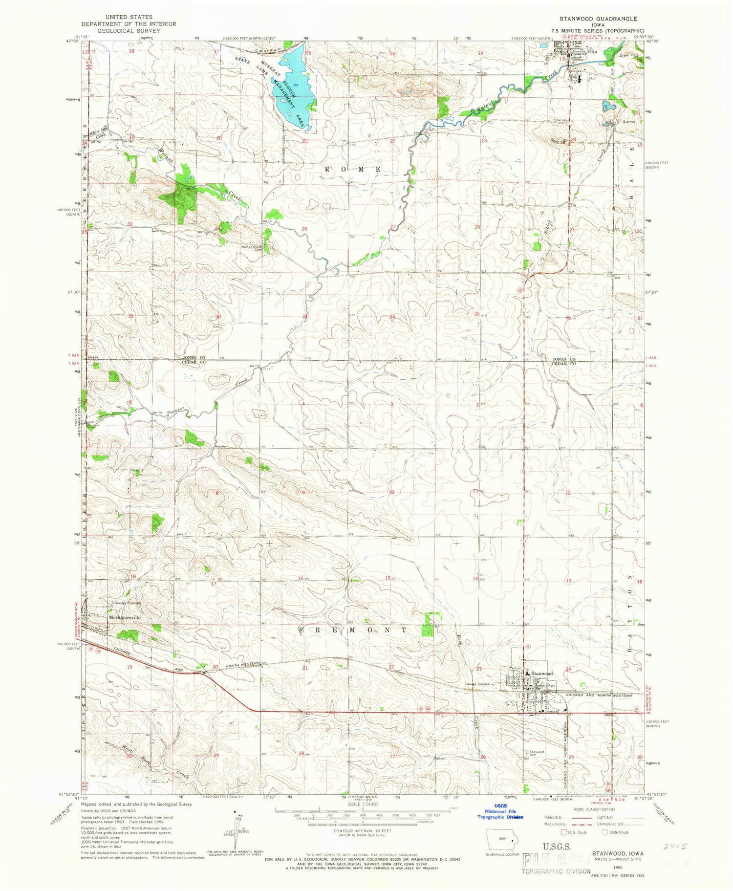 Classic USGS Stanwood Iowa 7.5'x7.5' Topo Map Image