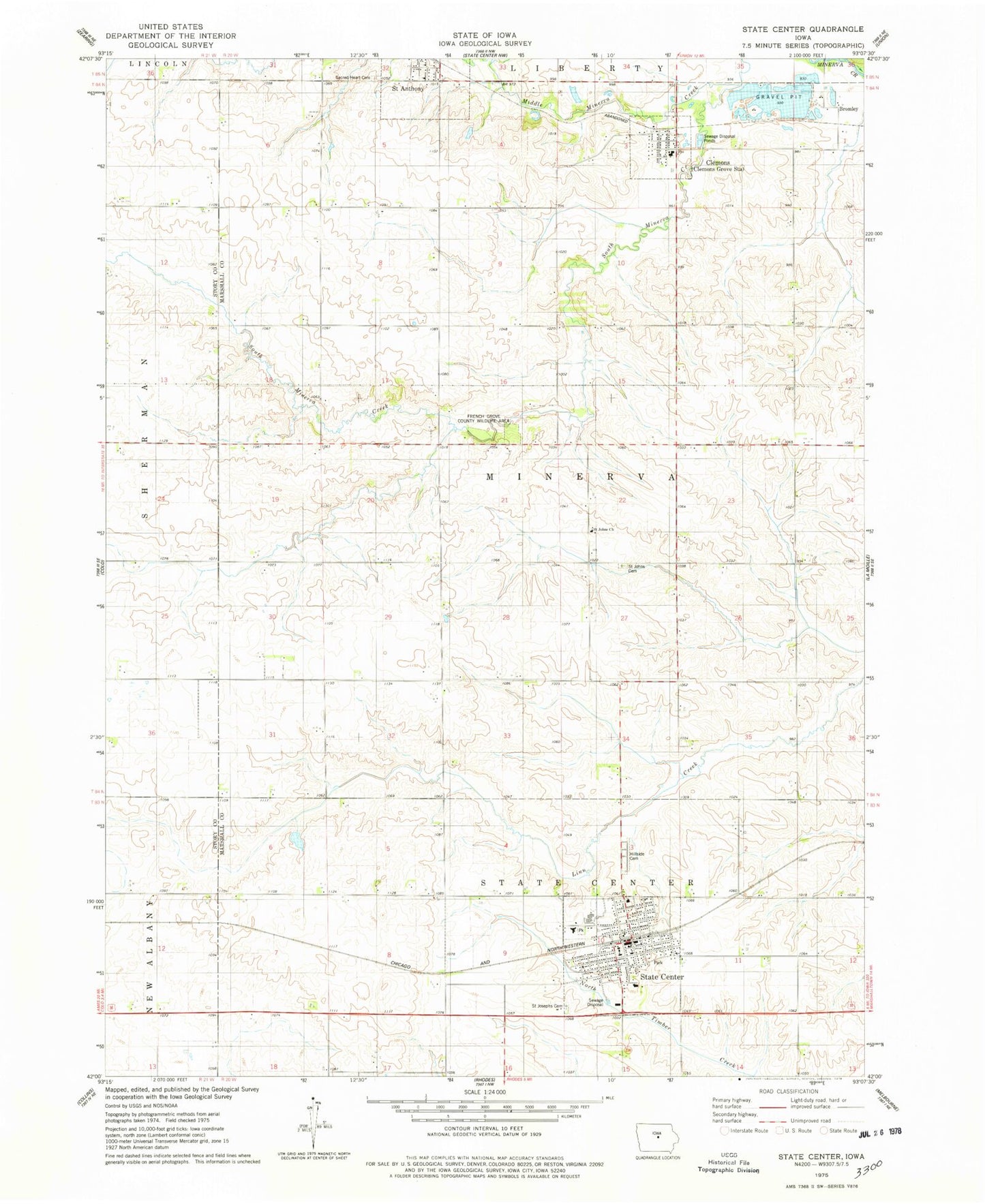 Classic USGS State Center Iowa 7.5'x7.5' Topo Map Image