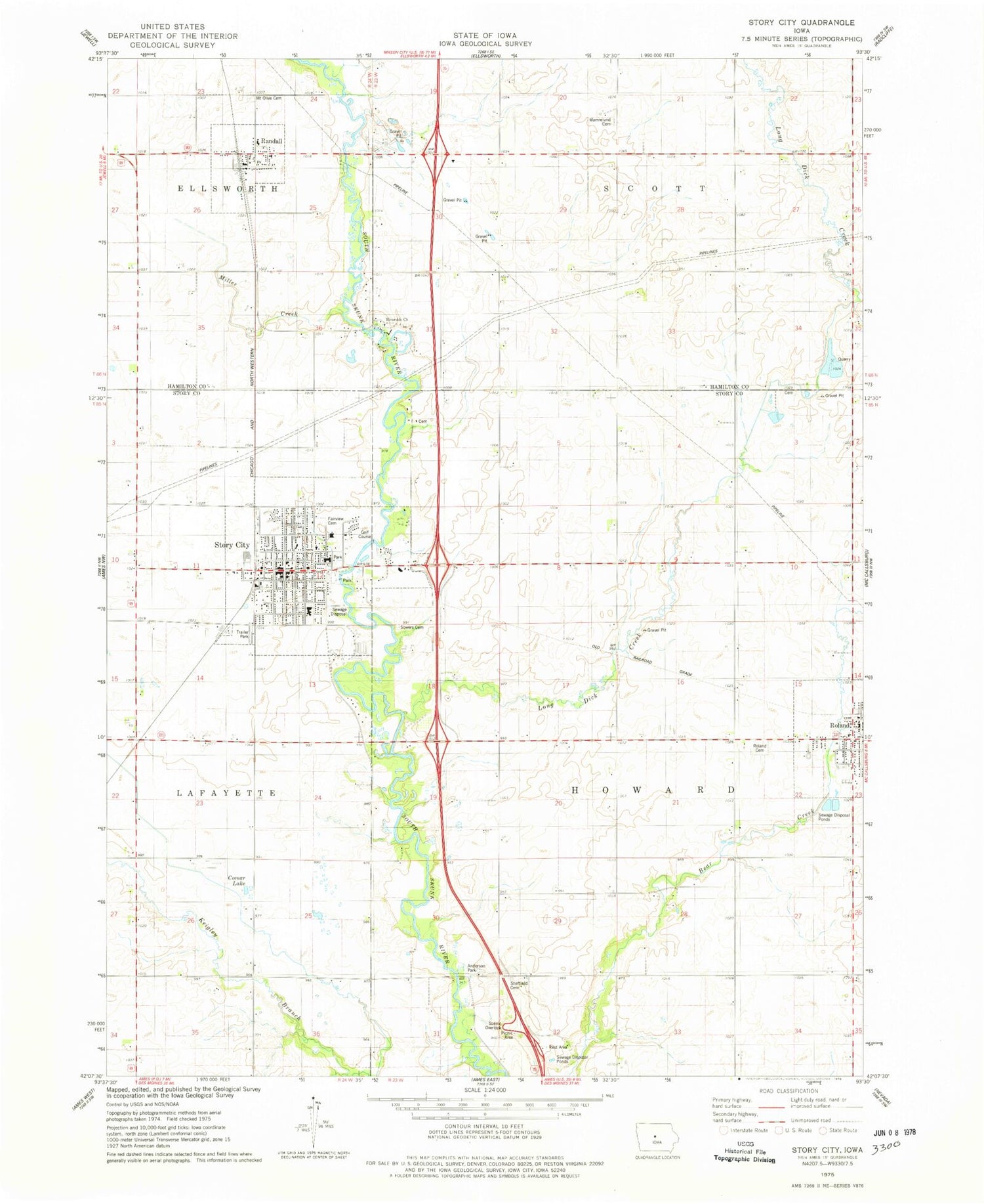 Classic USGS Story City Iowa 7.5'x7.5' Topo Map Image