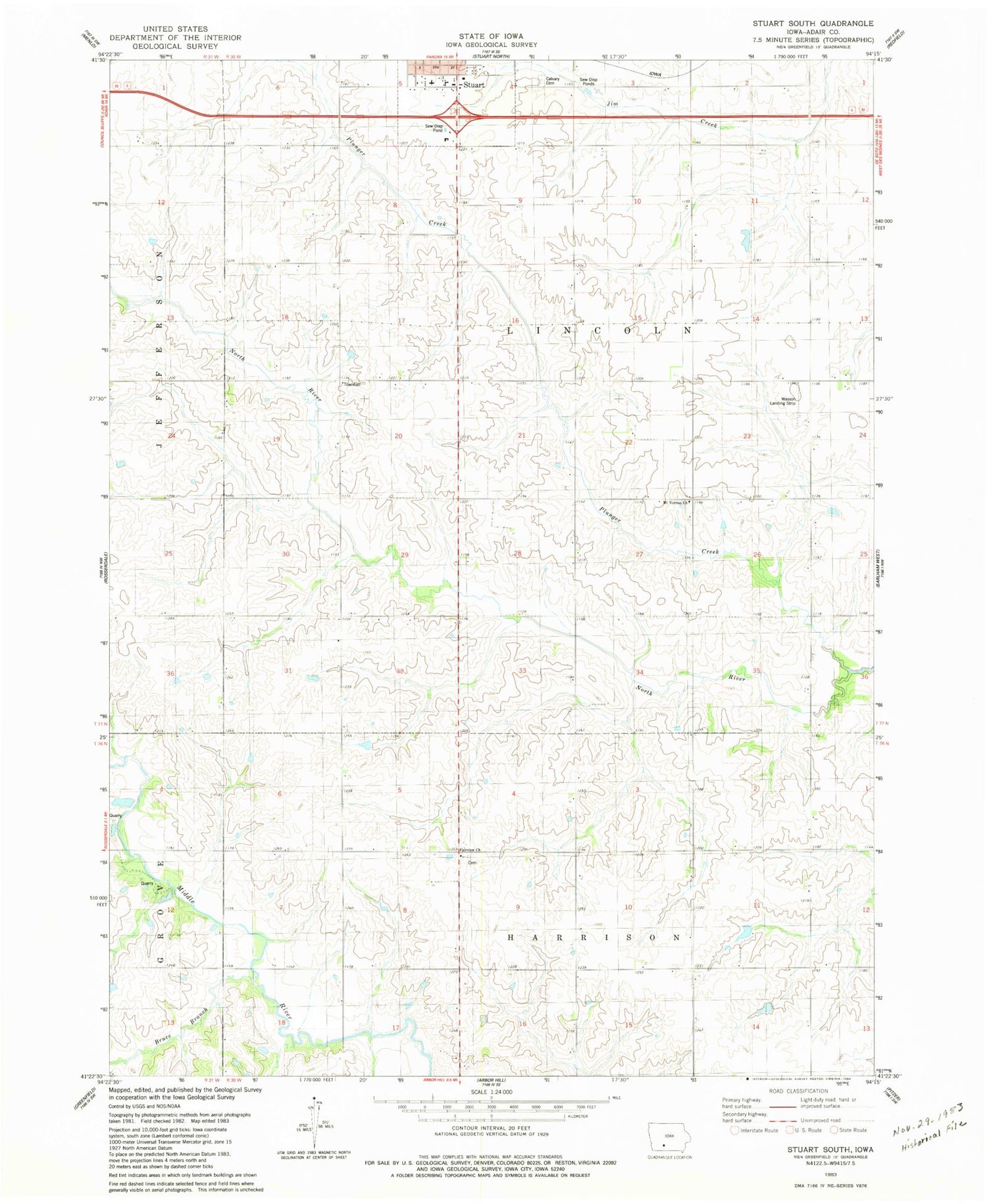 Classic USGS Stuart South Iowa 7.5'x7.5' Topo Map Image