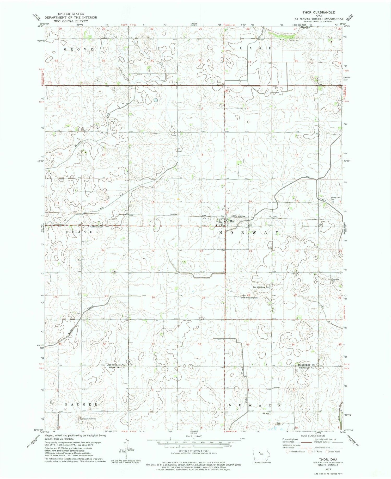 Classic USGS Thor Iowa 7.5'x7.5' Topo Map Image