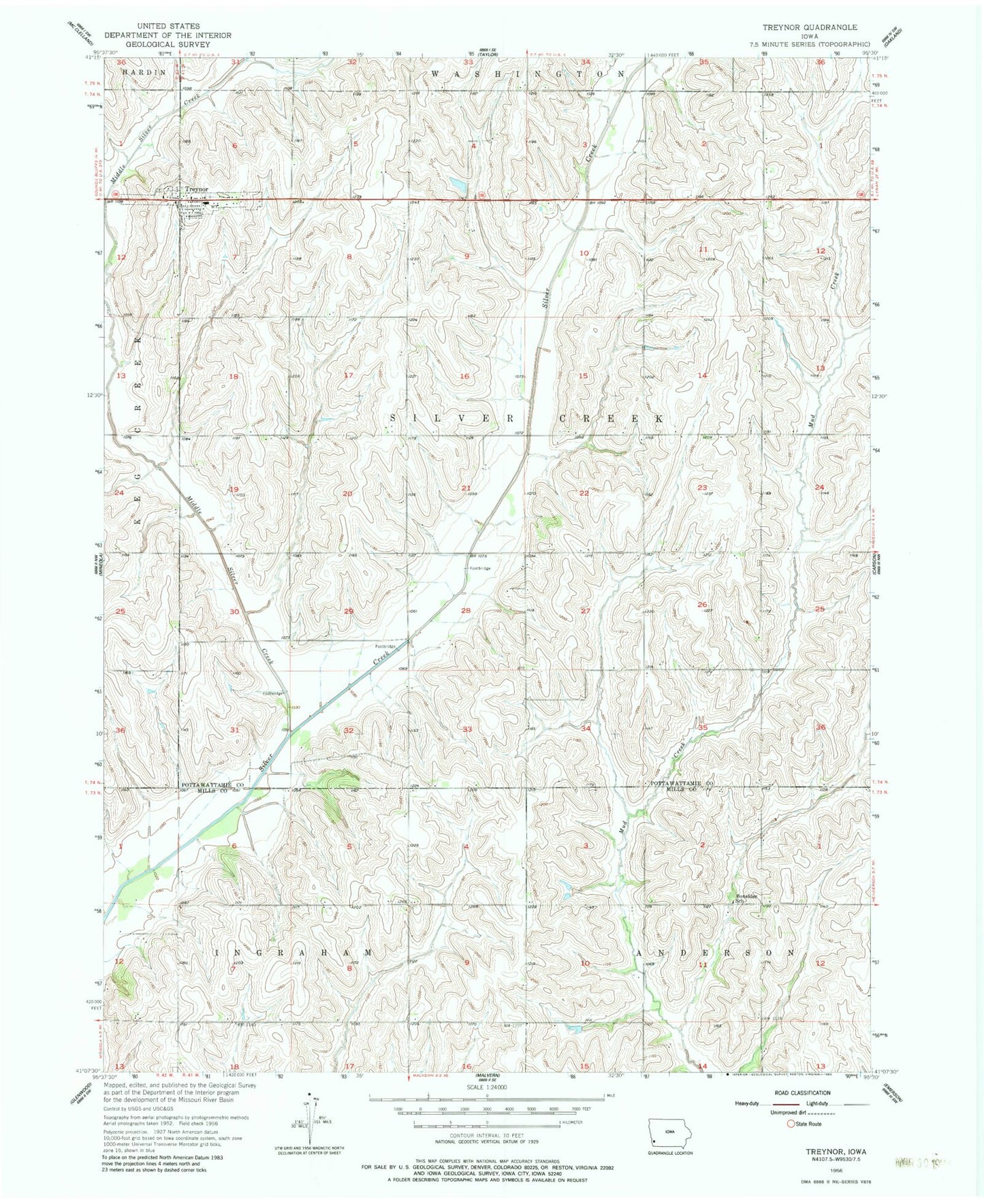 Classic USGS Treynor Iowa 7.5'x7.5' Topo Map Image