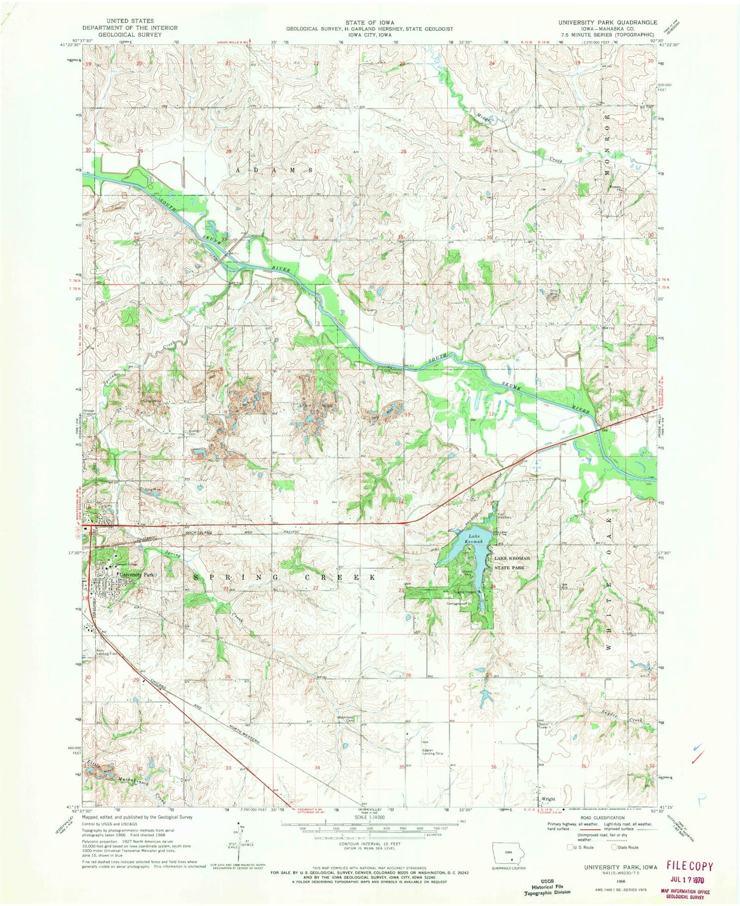 Classic USGS University Park Iowa 7.5'x7.5' Topo Map Image