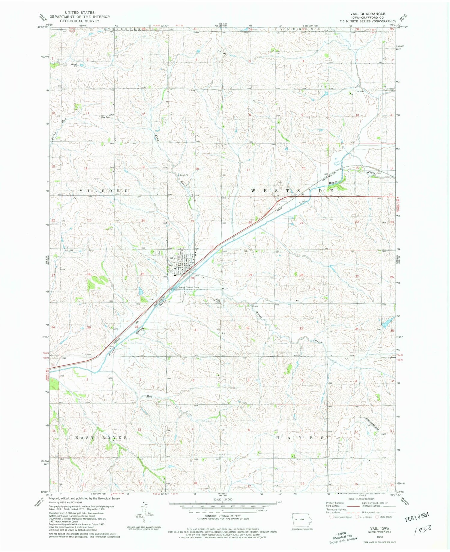 Classic USGS Vail Iowa 7.5'x7.5' Topo Map Image