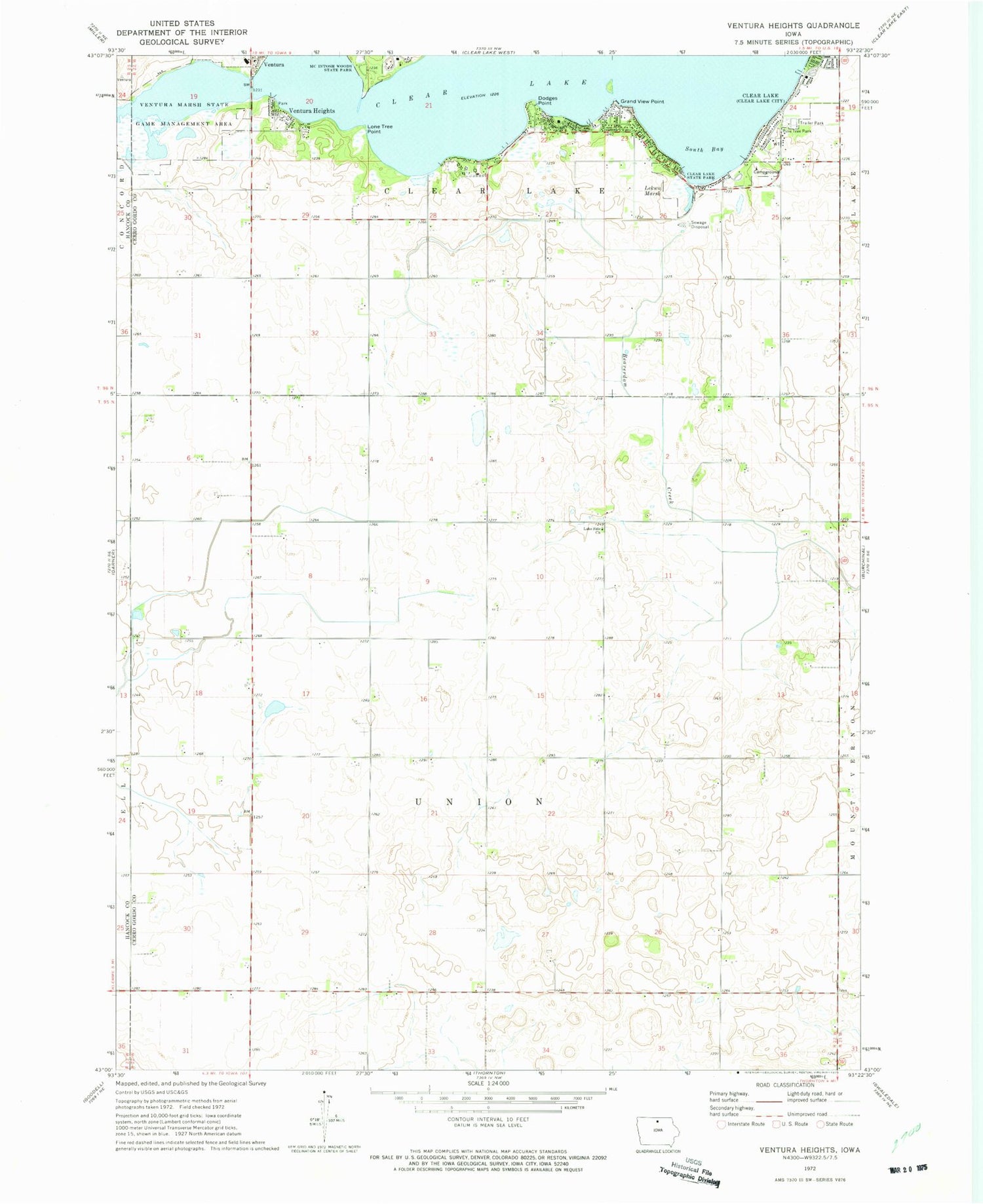 Classic USGS Ventura Heights Iowa 7.5'x7.5' Topo Map Image