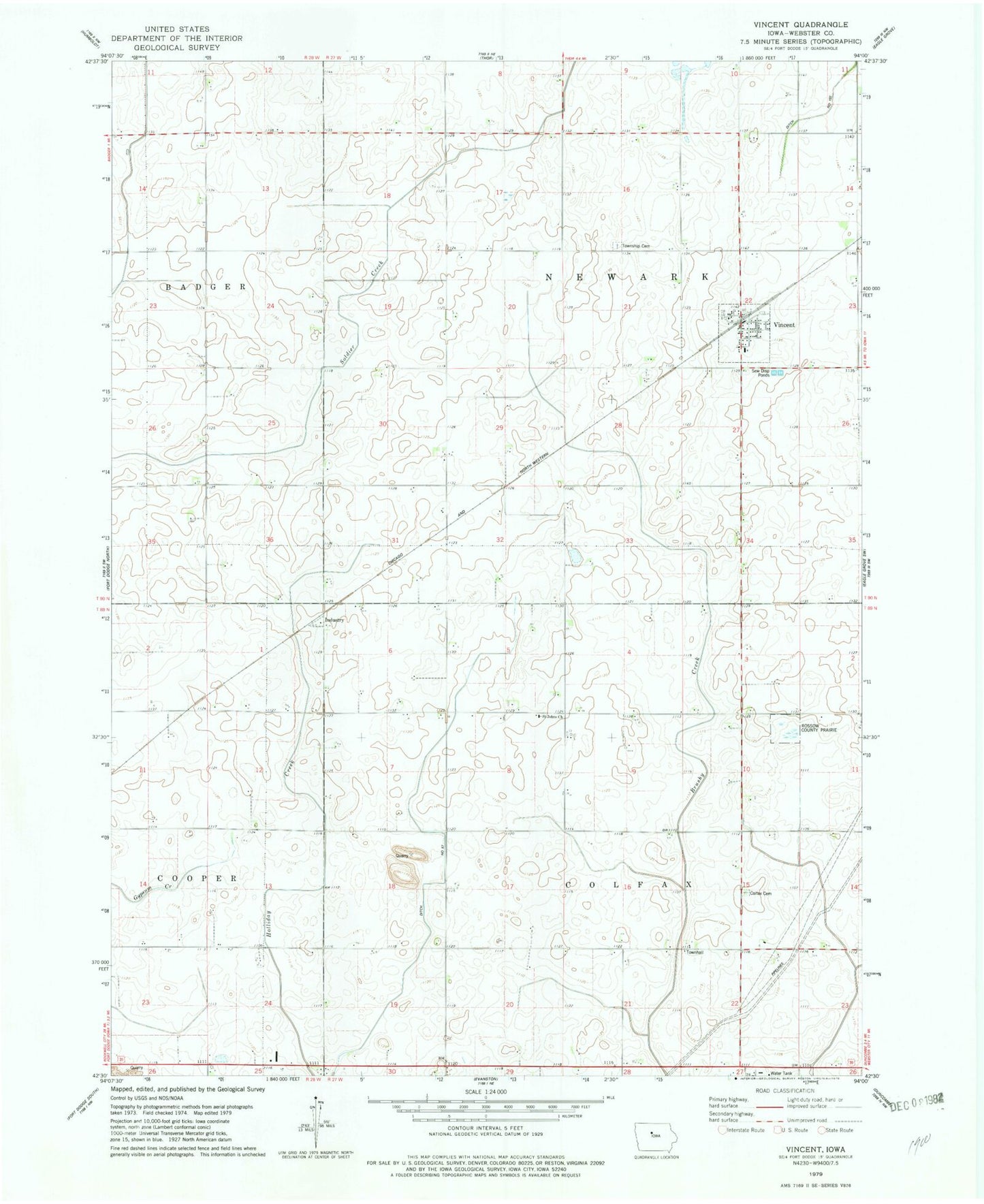 Classic USGS Vincent Iowa 7.5'x7.5' Topo Map Image