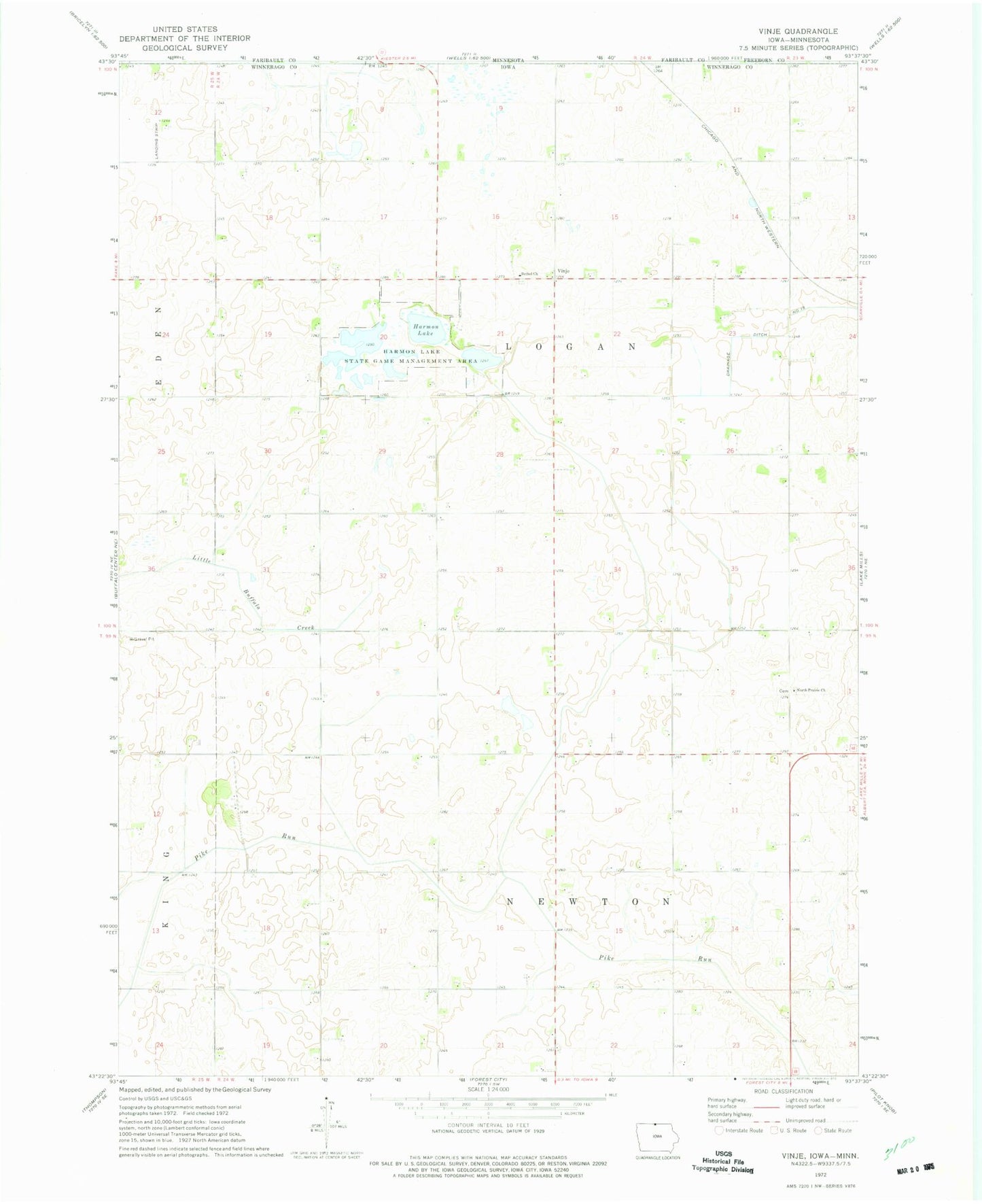 Classic USGS Vinje Iowa 7.5'x7.5' Topo Map Image