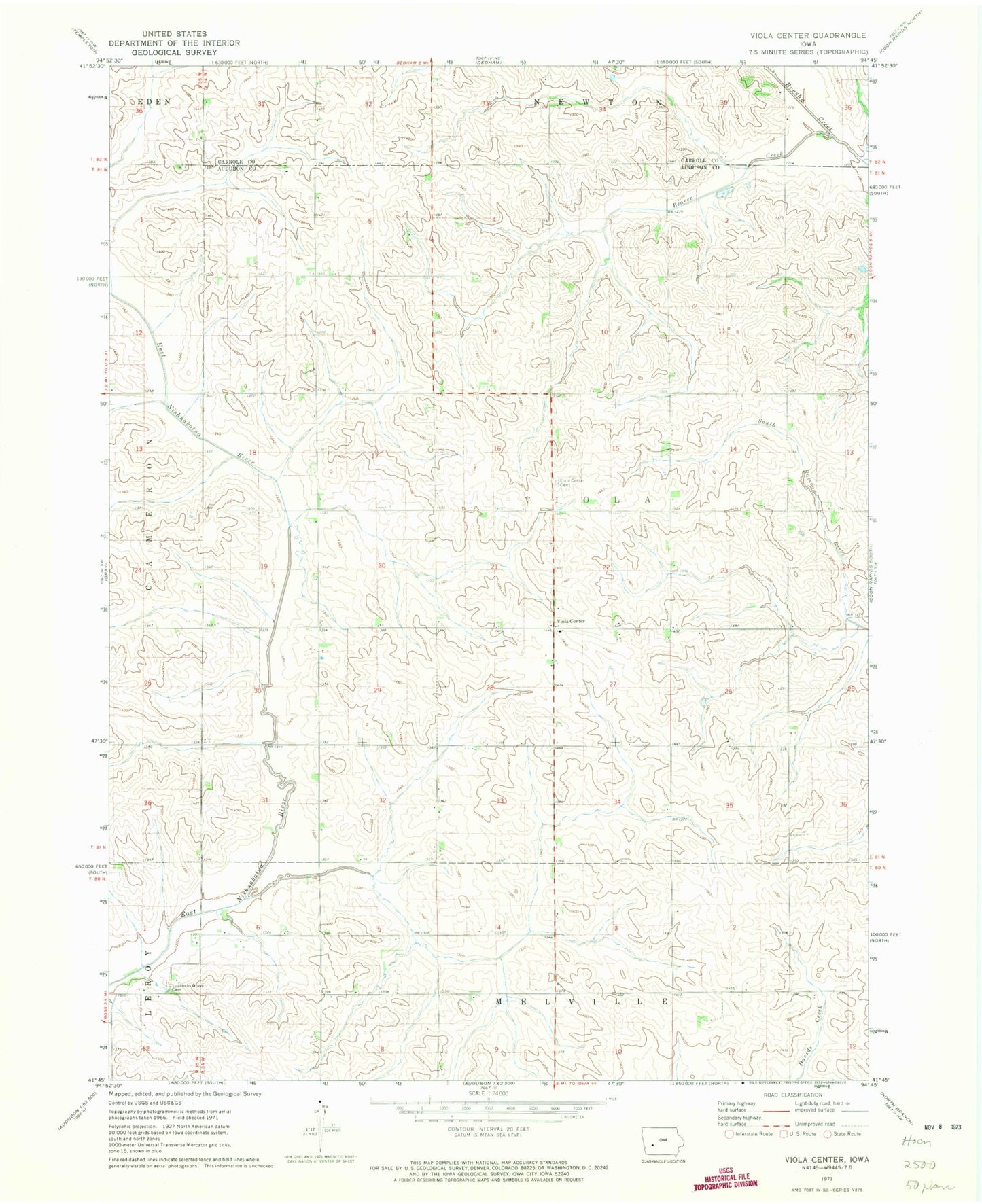 Classic USGS Viola Center Iowa 7.5'x7.5' Topo Map Image