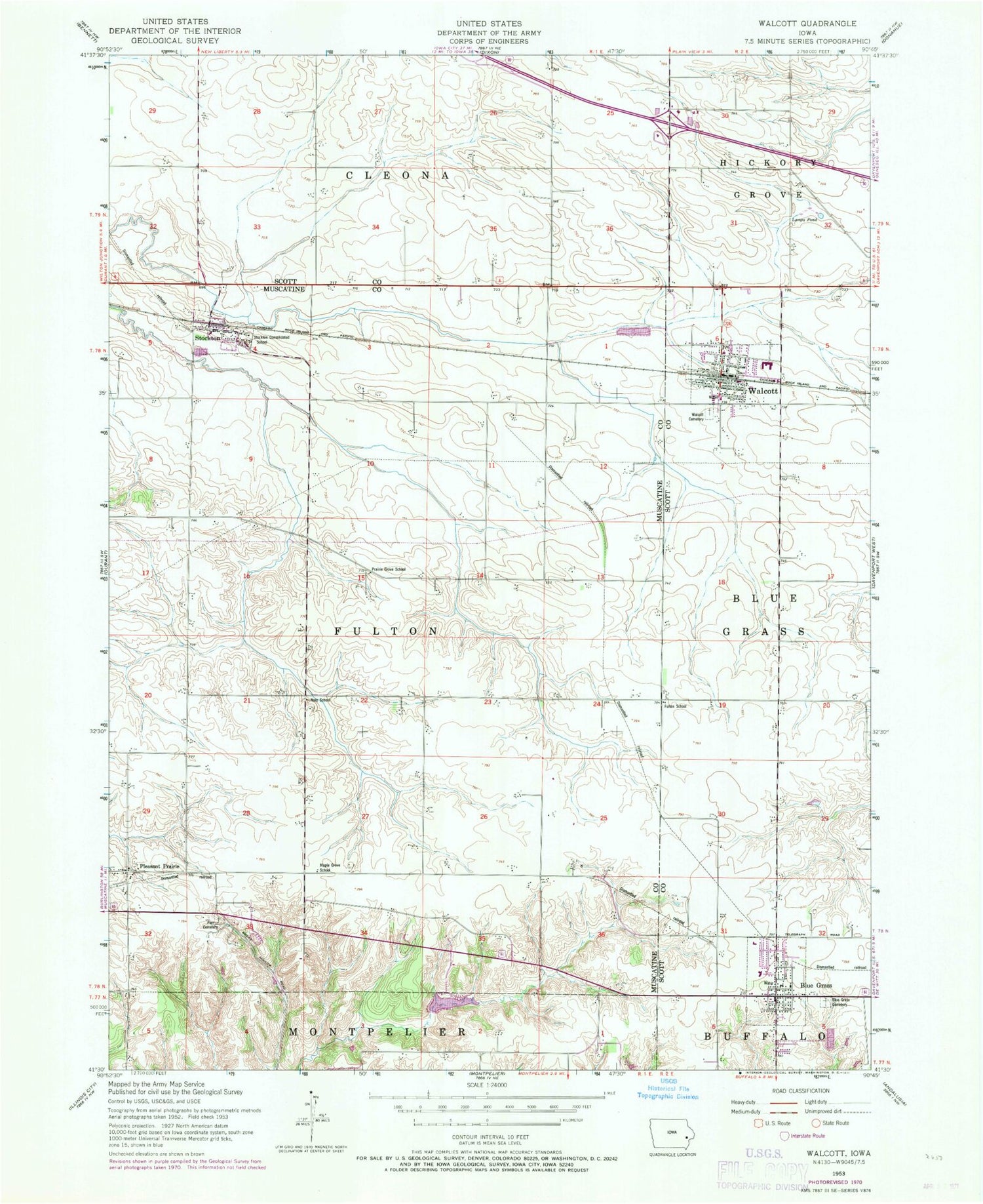Classic USGS Walcott Iowa 7.5'x7.5' Topo Map Image