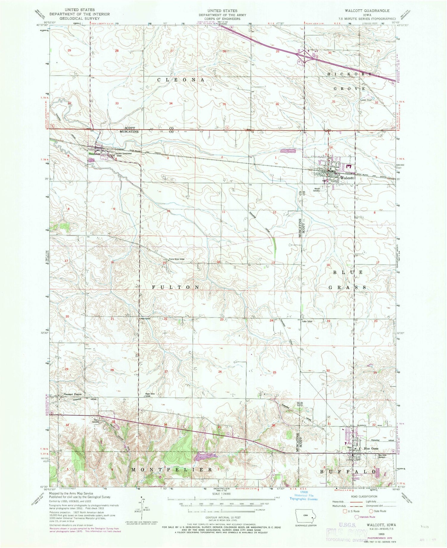 Classic USGS Walcott Iowa 7.5'x7.5' Topo Map Image