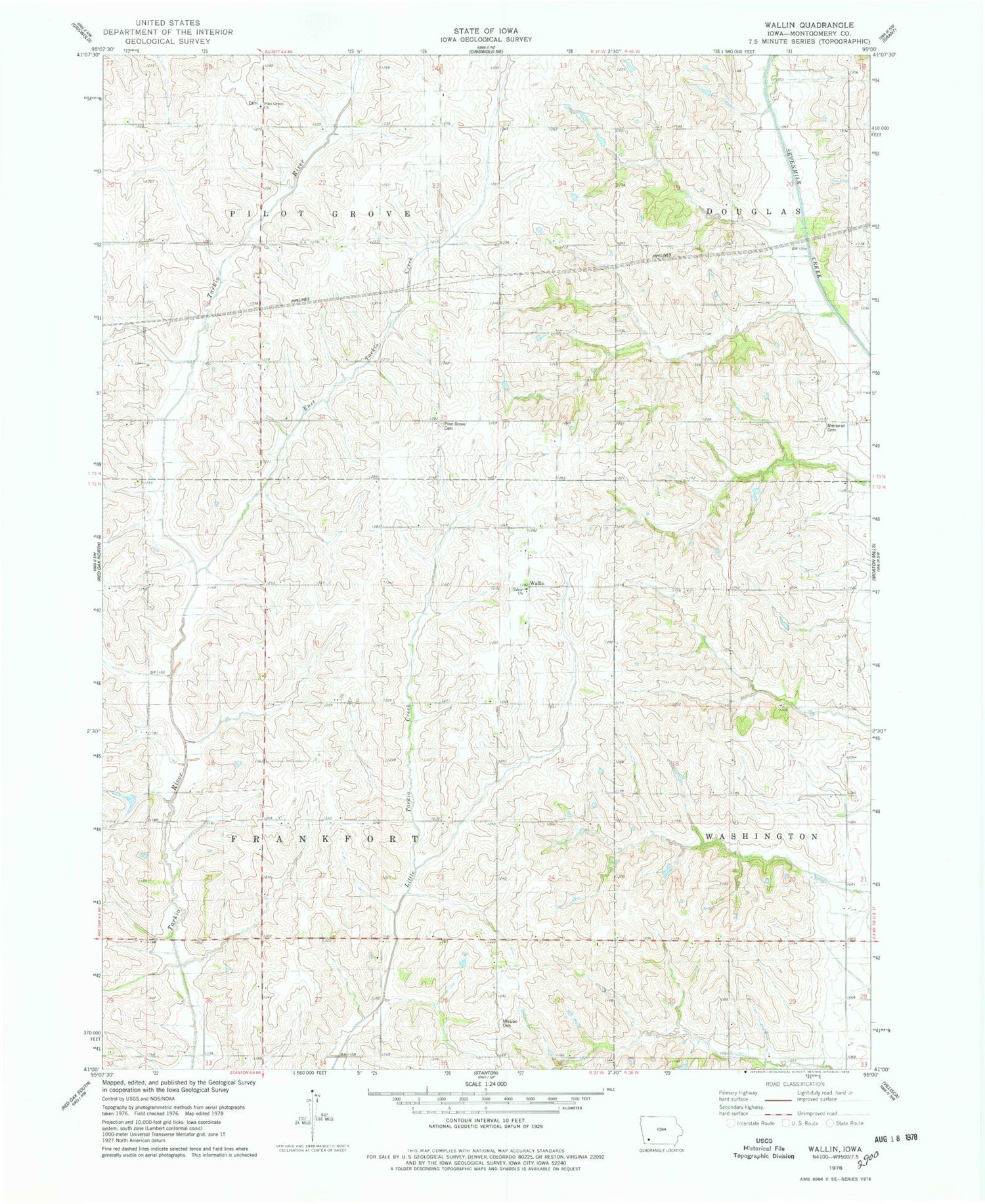 Classic USGS Wallin Iowa 7.5'x7.5' Topo Map Image