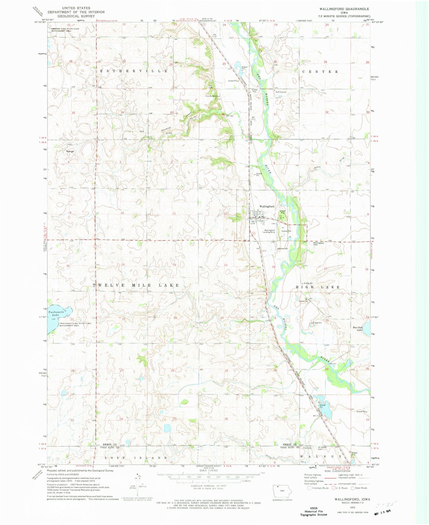 Classic USGS Wallingford Iowa 7.5'x7.5' Topo Map Image