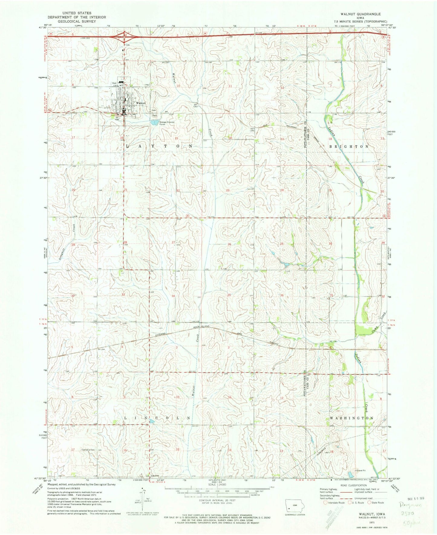 Classic USGS Walnut Iowa 7.5'x7.5' Topo Map Image